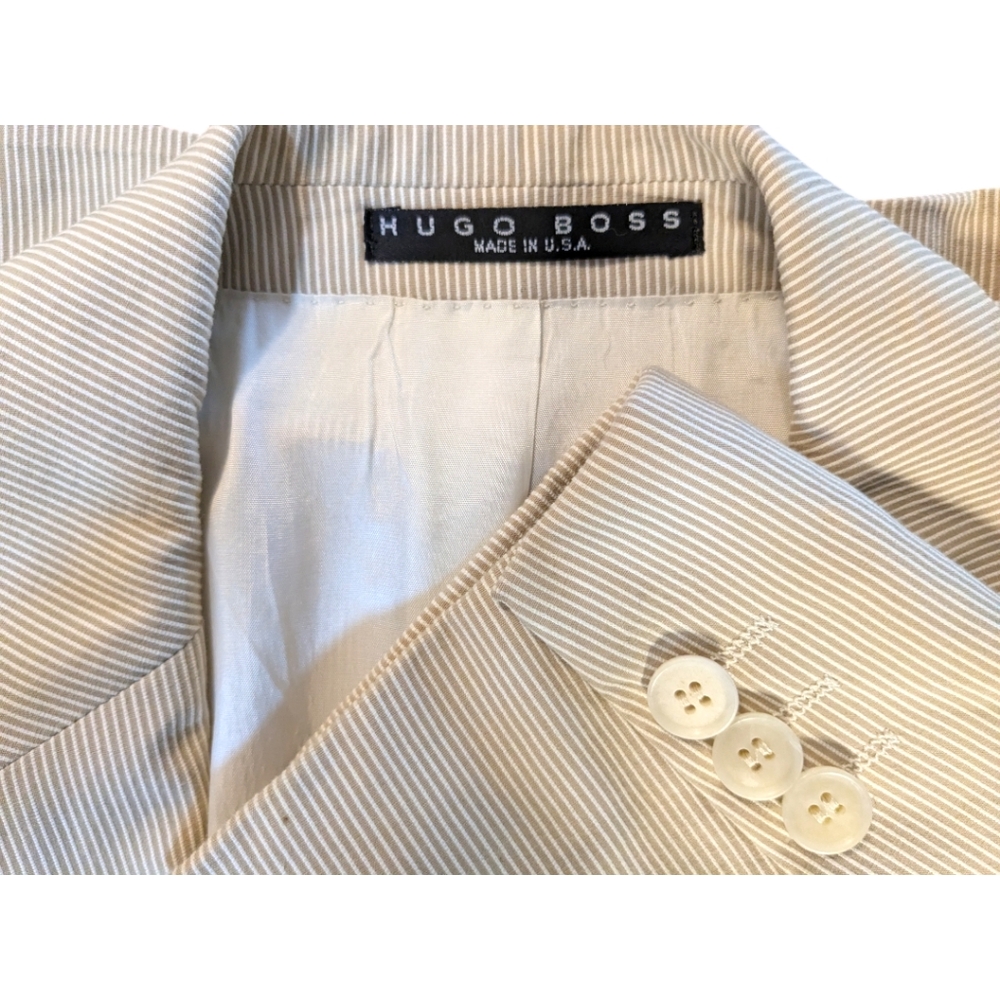 HUGO BOSS 100%Cotton White/Tan Seersucker Single Breasted Blazer 44R